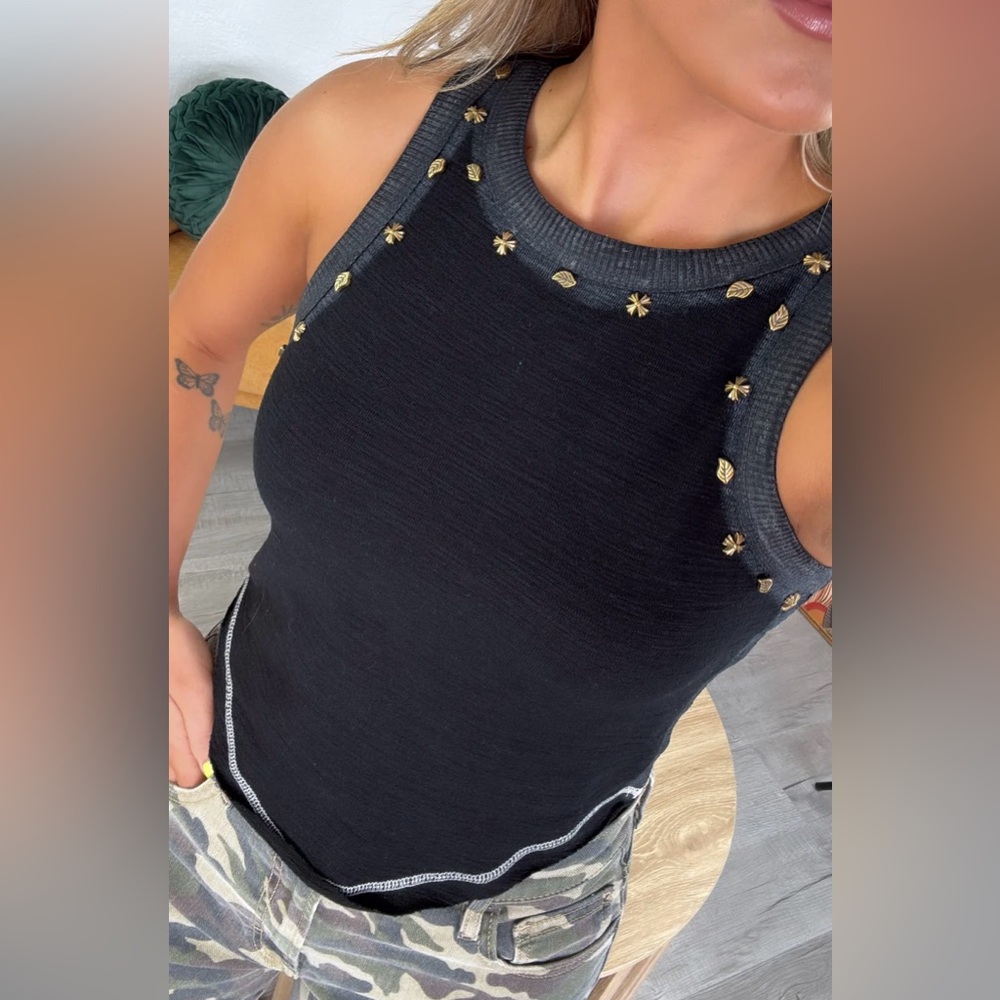 NWT POL Black Sleeveless Top with Gold Accents